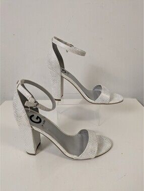 G by GUESS Metallic Silver Snakeskin Ankle Strap Block Heels – Size 7.5M